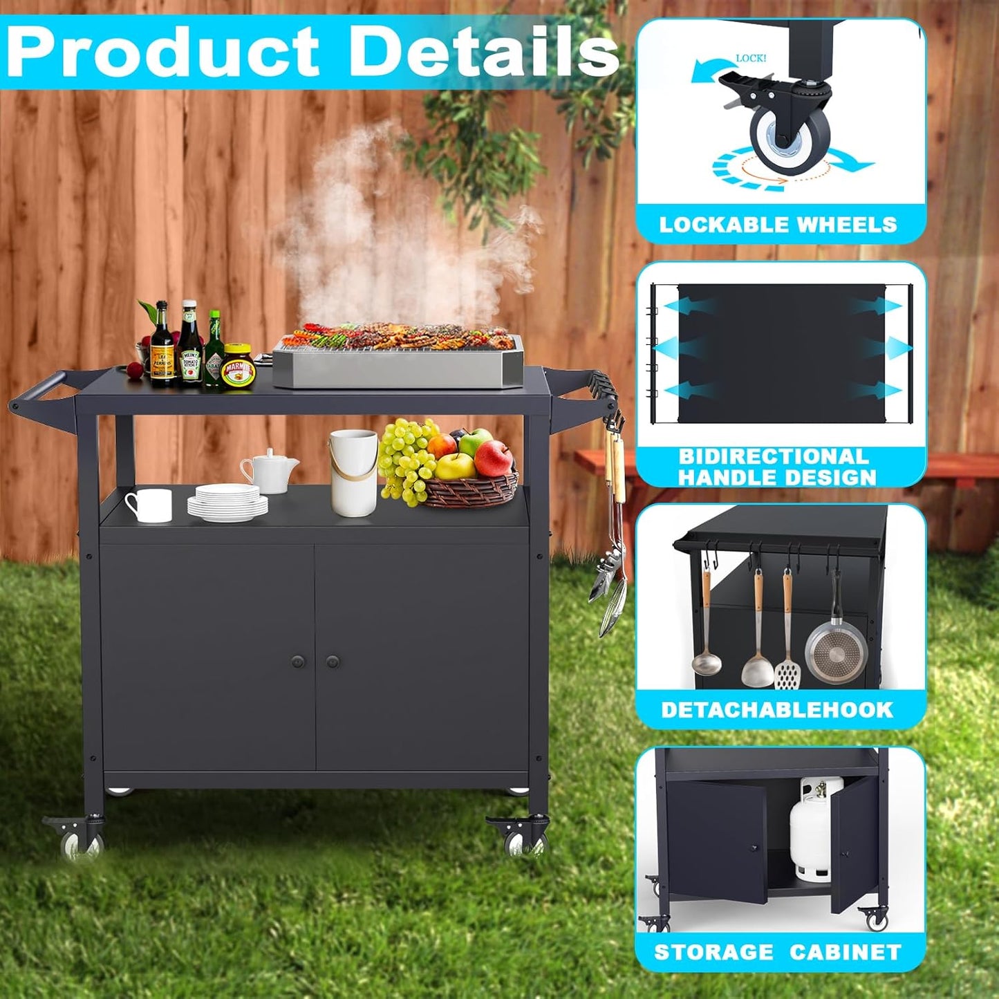 Outdoor Grill Table with Storage, Movable Grill Cart, Outdoor Kitchen Island Prep Stand Station,Blackstone Griddle Stand, BBQ Serving Cart Rolling Bar Cart with 4 Utensil Hooks