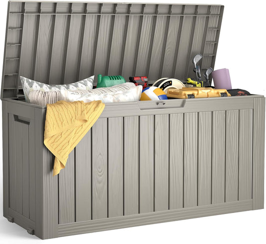 Outdoor Storage Box, 72 Gallon Waterproof Resin Deck Box, Storage Bin for Package Delivery, Patio Furniture Cushion, Garden Tools, Pool Accessories, Weatherproof and UV Resistant, Grey