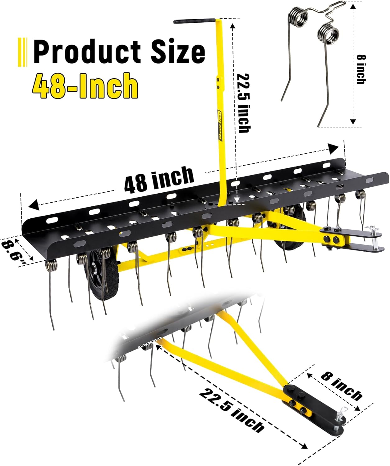 48 Inch Tow Behind Dethatcher, Pull Behind Lawn Dethatcher with 24 Spring Steel Tines, Grass Dethatcher, Removes Thatch, Riding Lawn Tractor for Large Lawns, Yard and Garden Care