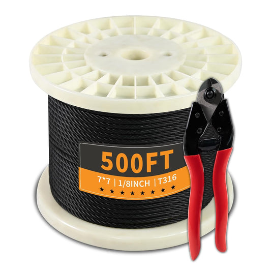 500FT 1/8" Stainless Steel Cable Black, 7x7 Strands, Wire Rope with Cable Cutter,1800lbs Breaking Strength Aircraft Cable for Deck Cable Railing, Stair, Fence, DIY Balustrades