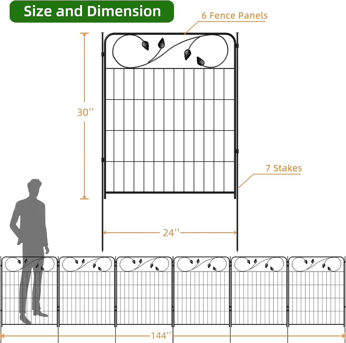 Decorative Outdoor Garden Fence 30in(H) X12ft(L) 6 Panels+7 Stakes Leaf Black Metal Garden Fencing for Landscape Lawn Patio, Temporary Animal Barrier Fences for Dogs