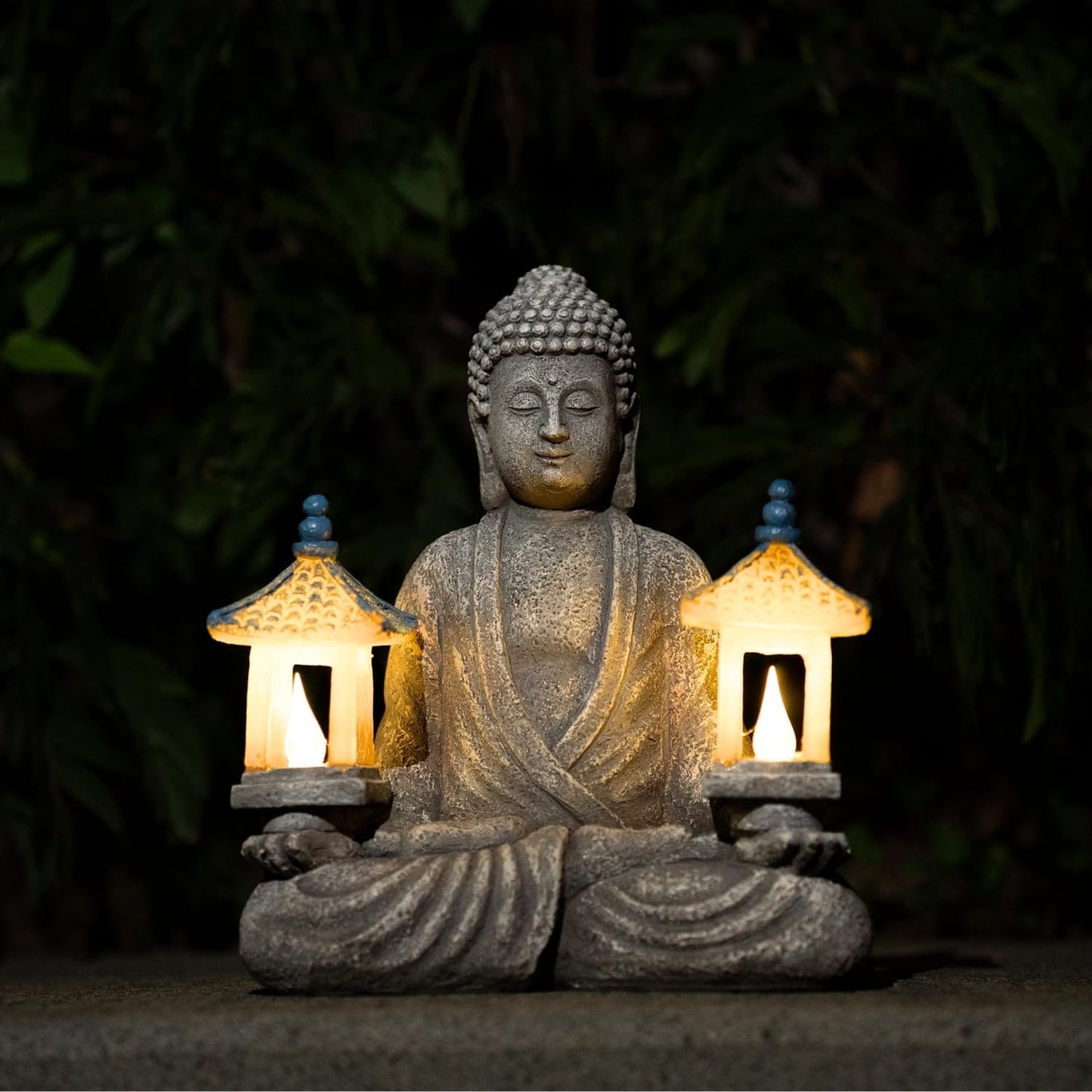 Meditating Buddha Statue with Solar Lights, Zen Garden Decor for Home, Patio, Yard, Outdoor – Unique Gift for Women and Friends(Two Pavilions)