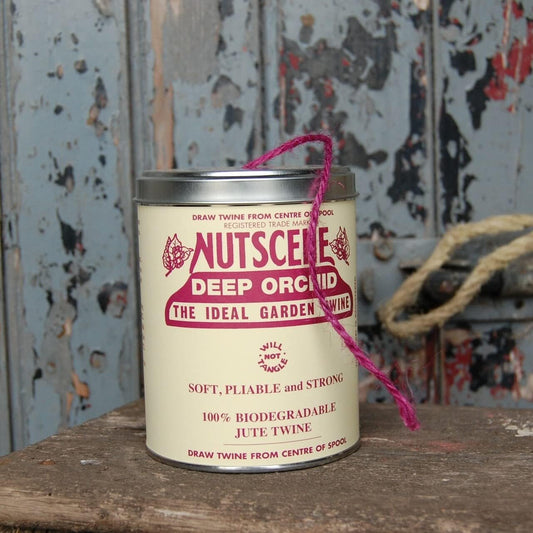 NUTSCENE Iconic Tin (Tin ‘O’ Twine) with Their Heritage Scottish Jute Twine and Hole in Top for Easy Dispensing. 14 Colors to Choose from. 164 Yards. (Deep Orchid)