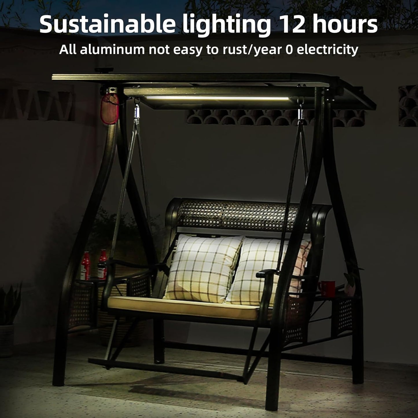 2/3-Seat Outdoor Patio Porch Swing with Adjustable Aluminum Alloy Canopy Solar Patio Swing Chair Bench with Footrest Side Cup Holder for Backyard Lawn (AEBS Black - 3 Seat)