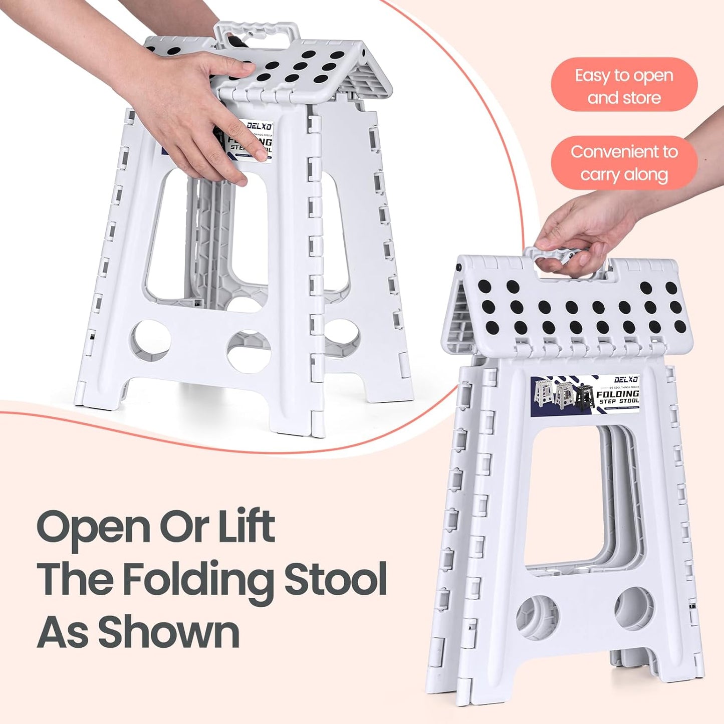 Delxo 16 Inch Folding Step Stool, White Step Stools for Kids Foldable,Portable Collapsible Step Stool with Handle, Folding Stool for Kitchen Bathroom,Bedroom,Garden