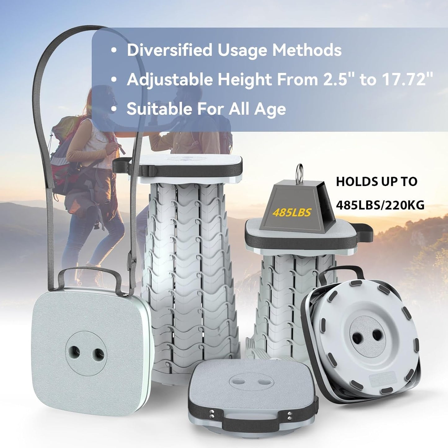 Upgraded Collapsible Stool, Portable Folding Stool, Telescoping Camping Stool with Max Load Capacity 485lbs, Square Retractable Seat for Camping Gardening Fishing Hiking BBQ [Cyan]