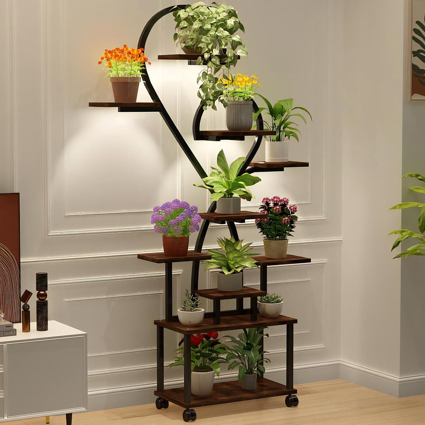 Plant Stand Indoor with Grow Lights, 10 Tiered Indoor Plant Shelf with Wheels, 65" Lighted Corner Plant Stands for Indoor Growing, Heart Shape Decorative for Living Room, Balcony, Black