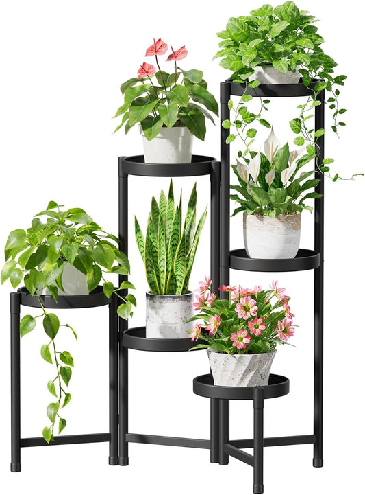 iDavosic.ly Plant Stand Indoor Outdoor, 6 Tier Corner Metal Flower Display Holder Shelf, Folding Tall Orchid Rack for Patio Balcony Porch Garden Living Room House, Black