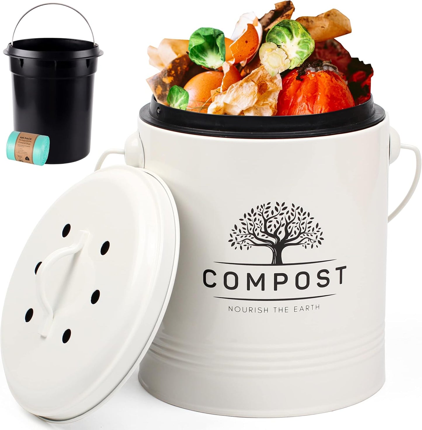 Perfnique Kitchen Compost Bin, 1.3 Gallon Countertop Compost Bin with Lid, Indoor Compost Bucket Includes Inner Bucket Liner and Carbon Filter, Small Compost Bin with Trash Bags (with Bags, Cream)