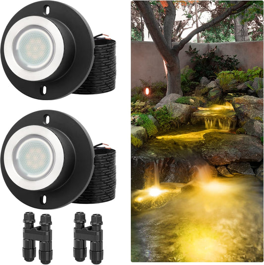 HIBOITEC 3W Pond Lights LED Underwater, 2700K Warm White, IP68 Waterproof Low Voltage Submersible Fountain Lights for Ponds Tank Garden Waterfall, 12-24V AC/DC, 2 Pack