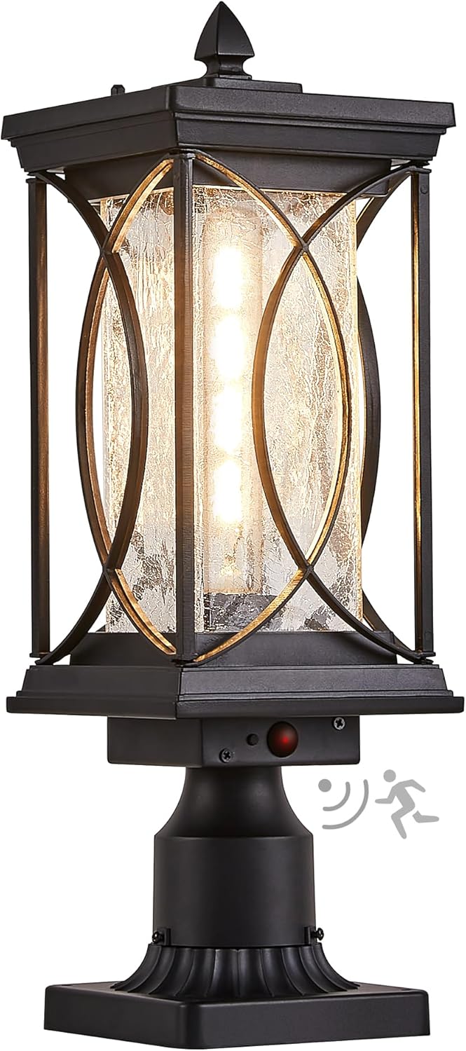 Motion Outdoor Post Lantern Dusk to Dawn Pillar Lamp with 3 Inch Pier Mount Adapter, Black Pole Light Aluminum with Crackle Glass Motion Outdoor Post Lights for Patio, Yard, Garden, Pathway