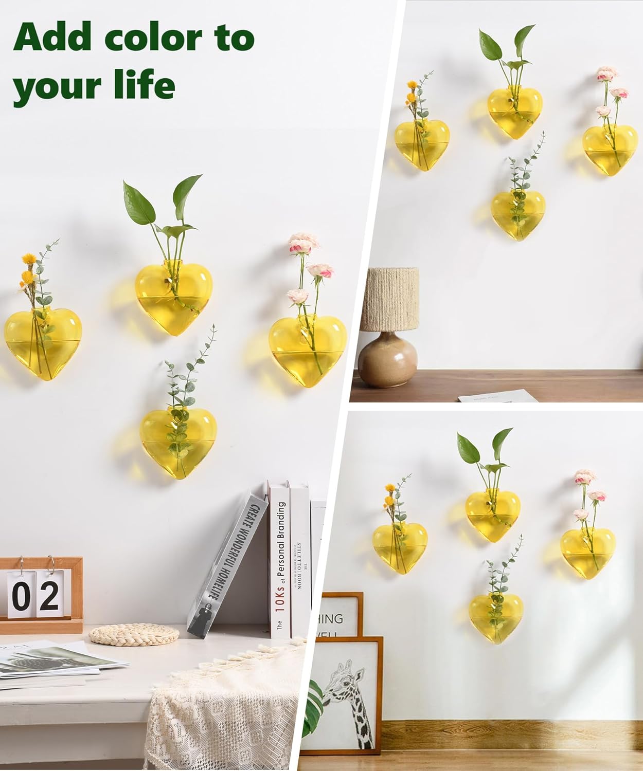 Nacome Wall Hanging Glass Planter Terrarium Plant Propagation Station, 4 Pack Heart Shape Vase for Hydroponic Home Office Garden Decor,Unique Gardening Gifts for Plant Lovers Women Mom(Yellow)