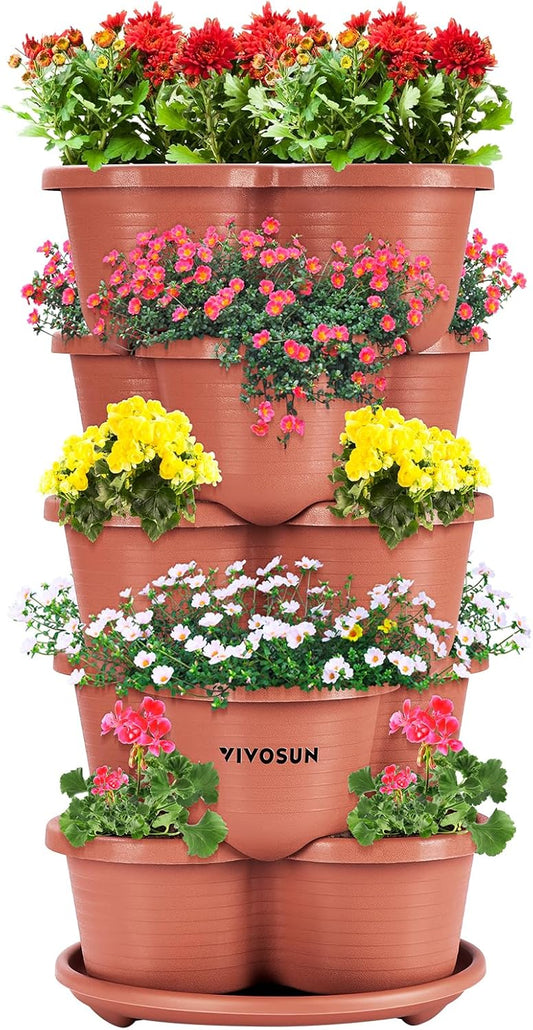 VIVOSUN 5 Tier Vertical Gardening Stackable Planter for Strawberries, Flowers, Herbs, Vegetables, Brown