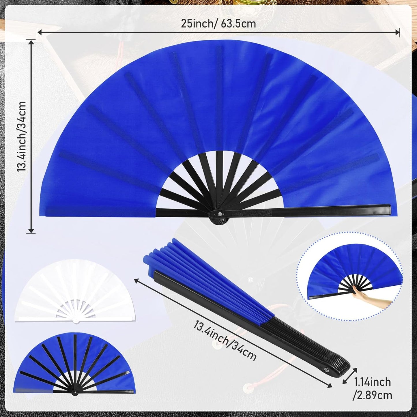 Maitys 2 Packs Large Clap Fans for Line Dancing Large Chinese Folding Hand Fans for Men and Women, Festival, Tai Ji, Kungfu, Martial Art, Gifts (White and Blue)
