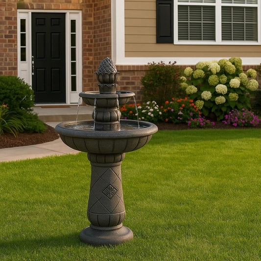 Teamson Home 39" Outdoor Water Fountain, 2 Tier Pineapple Pedestal Waterfall Fountain with Pump, Garden Patio Yard Décor, Durable Polyresin, Weatherproof, Iron Gray