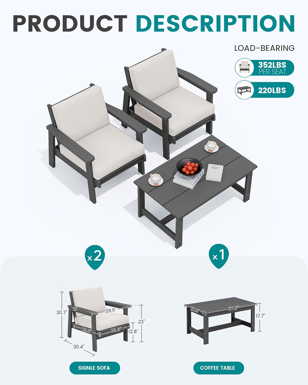 SERWALL HDPE Outdoor Couch, Grey Frame and Khaki Cushion