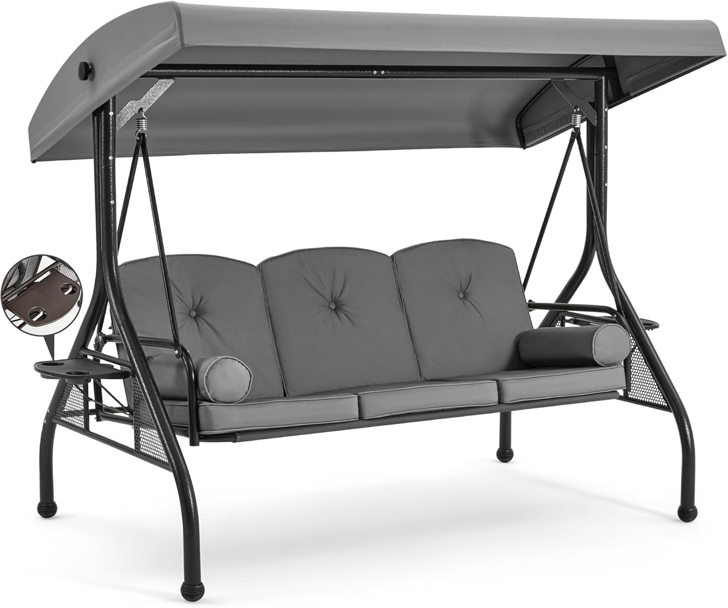 HOMREST 3 Seat Outdoor Porch Swing with 1.5" Deep Cup Holder, Adjustable Canopy,Patio Swing Bed with Stand, Patio Glider Swing with Thicken Cushions, Pillow（Grey）