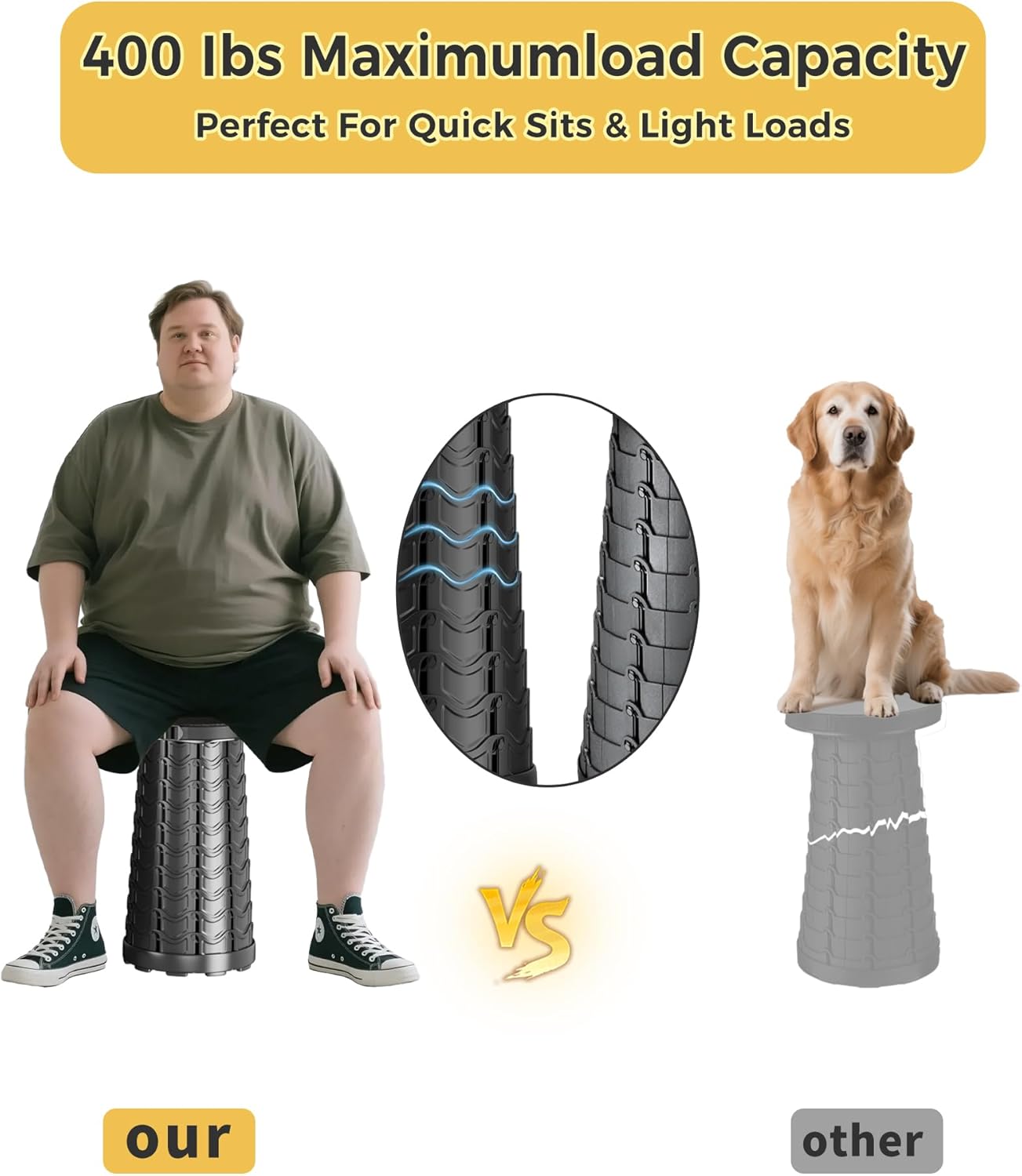 Upgraded Collapsible Stool with Detachable Cushion & Waterproof Bag - 400lbs Heavy Duty Portable Folding Stool for Adults, Telescoping Camping Seat with Carrying Straps for Fishing Hiking Travel BBQ