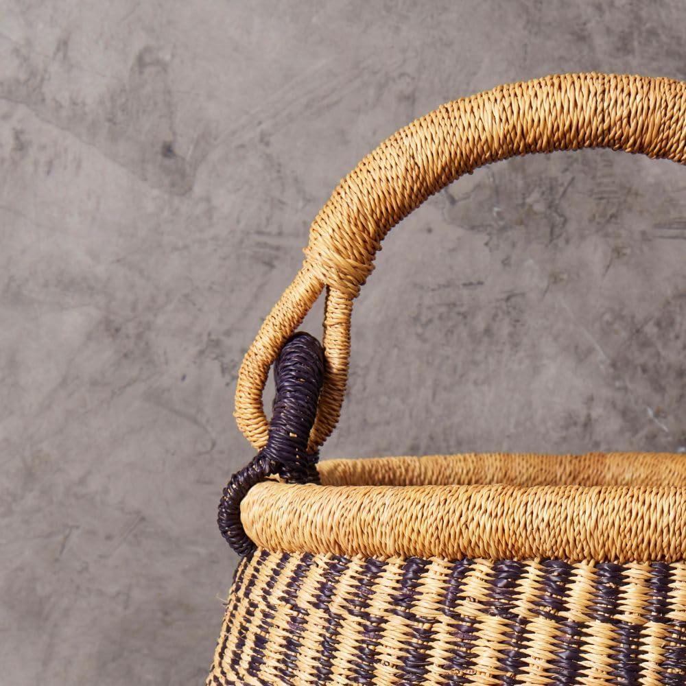 Home & Kitchen Decor, Wicker Basket, Picnic Basket, Living Room Basket, Organizing, Harvesting, Foraging, Fruit Storage, Hand Woven, Pot Shape, 16" Wide, Boho - Natural Navy