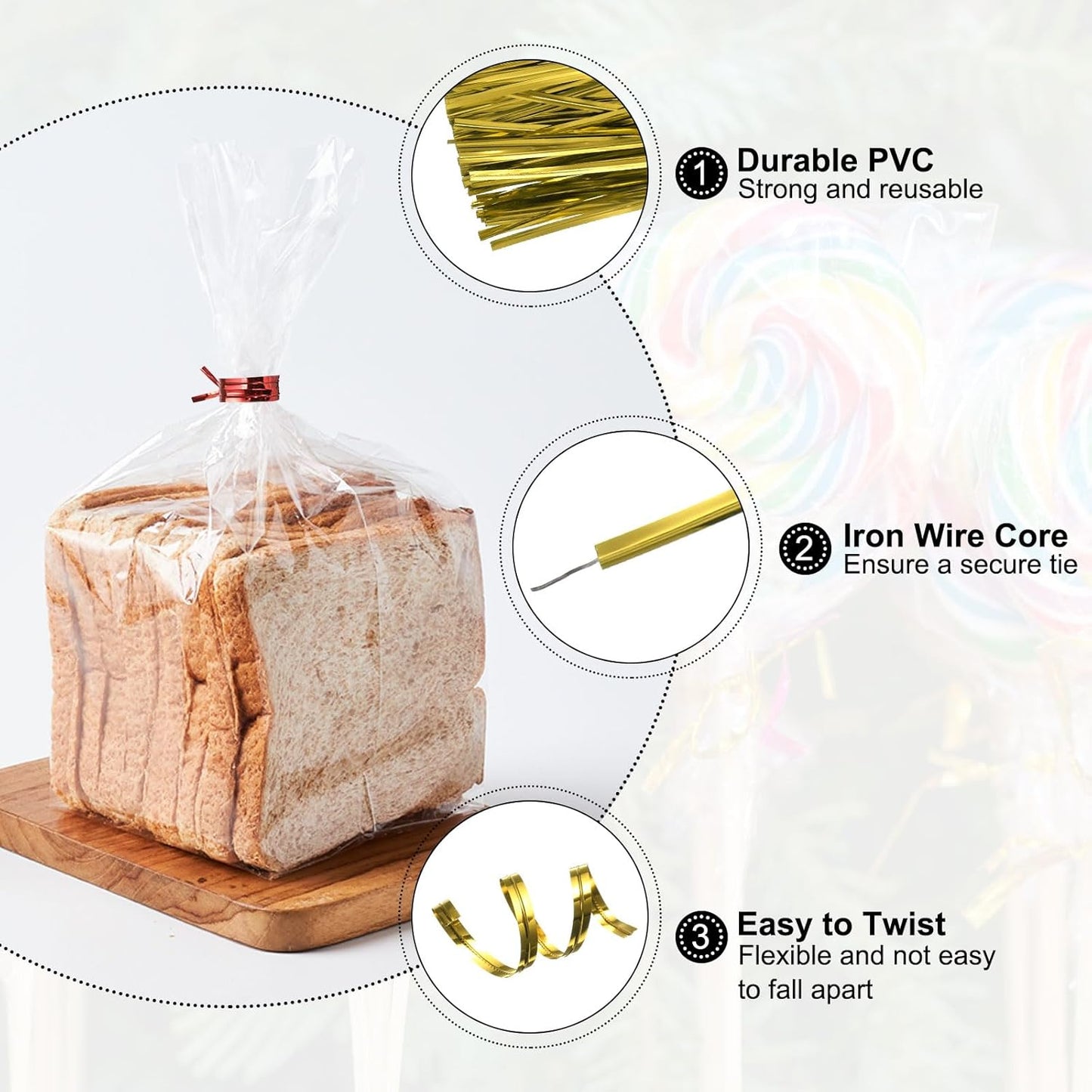 HARFINGTON 800pcs Bag Twist Ties 4" Reusable Plastic Metallic Twist Ties Wire Cable Ties for Party Bread Candy Cake, Gold Tone