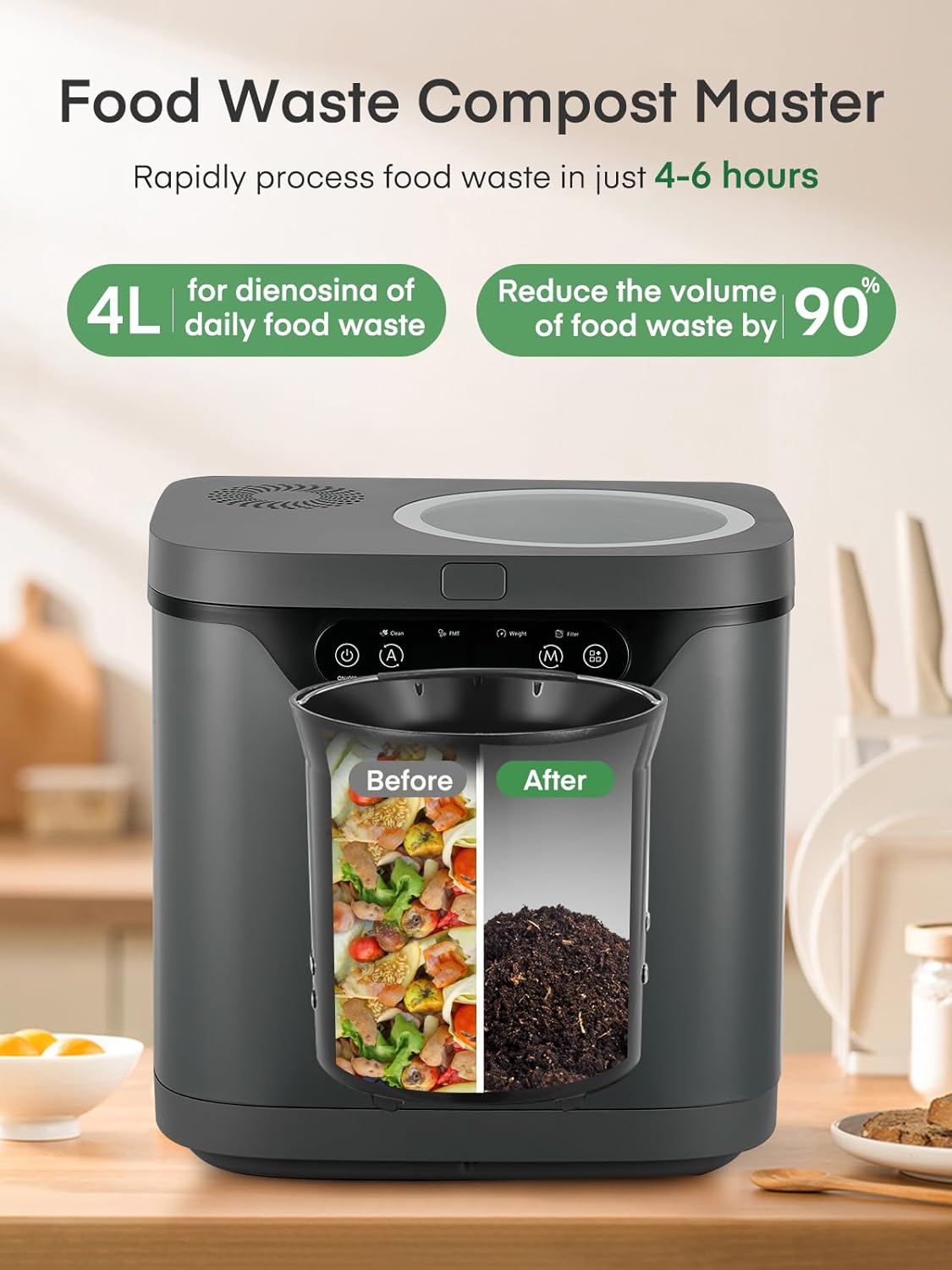 Electric Composter for Kitchen 4L, Countertop Compost Bin Indoor with Visible Window, LED Display, Auto-Clean, Carbon Filter, Odorless, Low Noise, Turns Waste into Natural Fertilizer