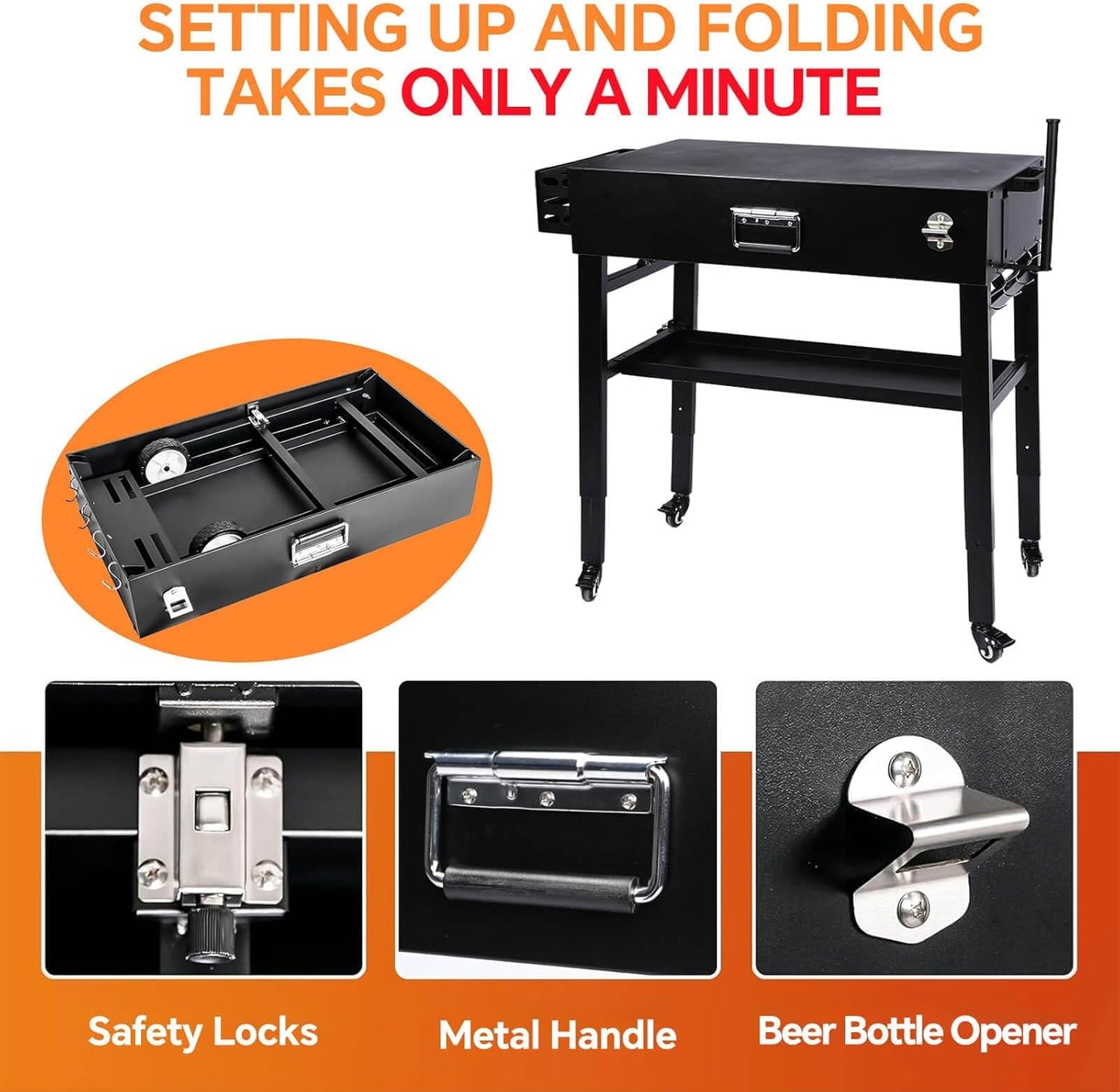 Grill Table for Ninja Woodfire OG700, Foldable Grill Cart for Blackstone, Weber, Ooni Pizza Oven, Upgraded Portable Outdoor Grill Stand, Adjustable Height, with Caddy, Paper Towel Holder, 4 Wheels