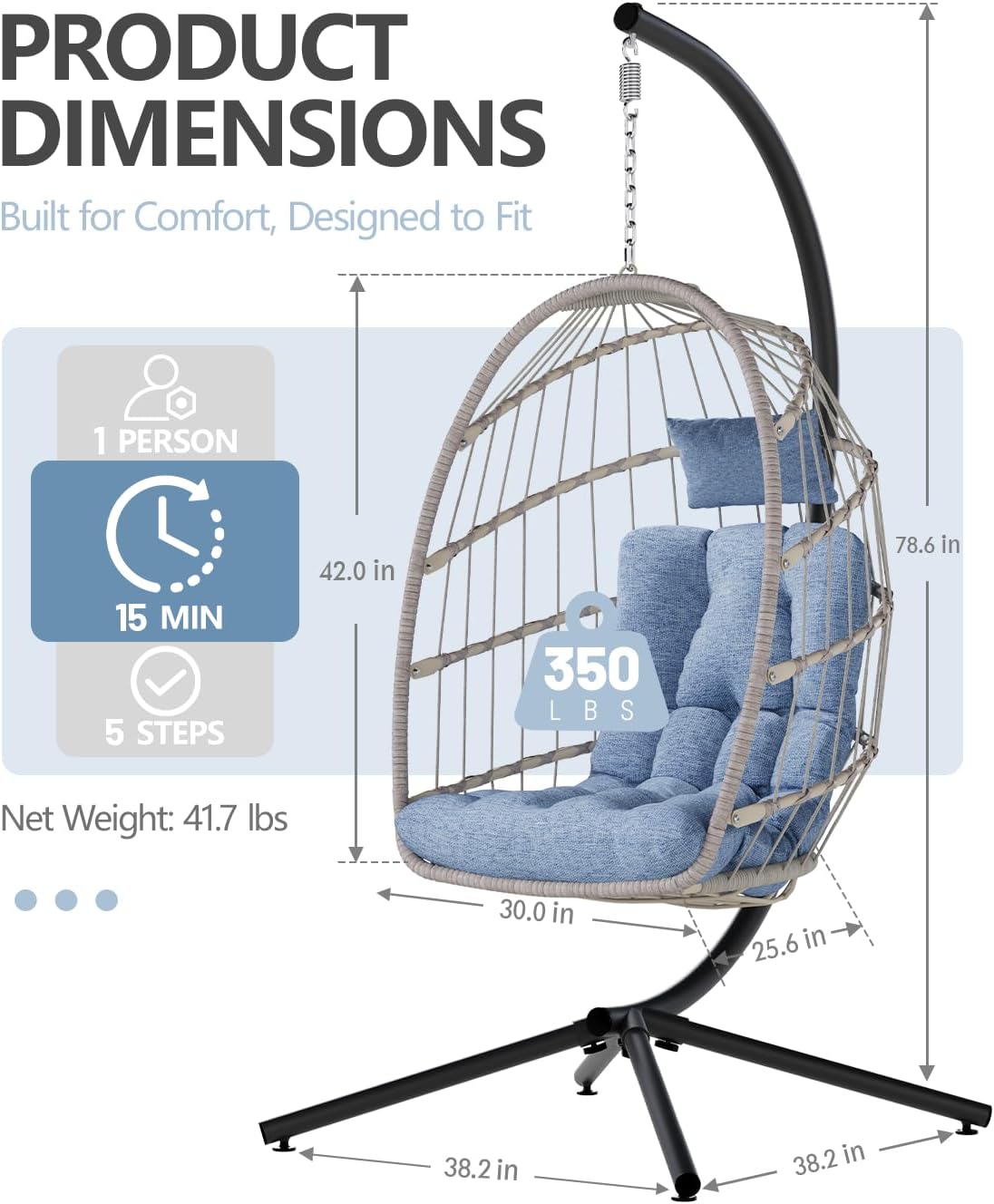 SWITTE Egg Chair Outdoor with Stand, Indoor Wicker Hanging Egg Swing Chair with Cushion, 350lbs Capacity for Patio, Bedroom, Garden - Light Blue