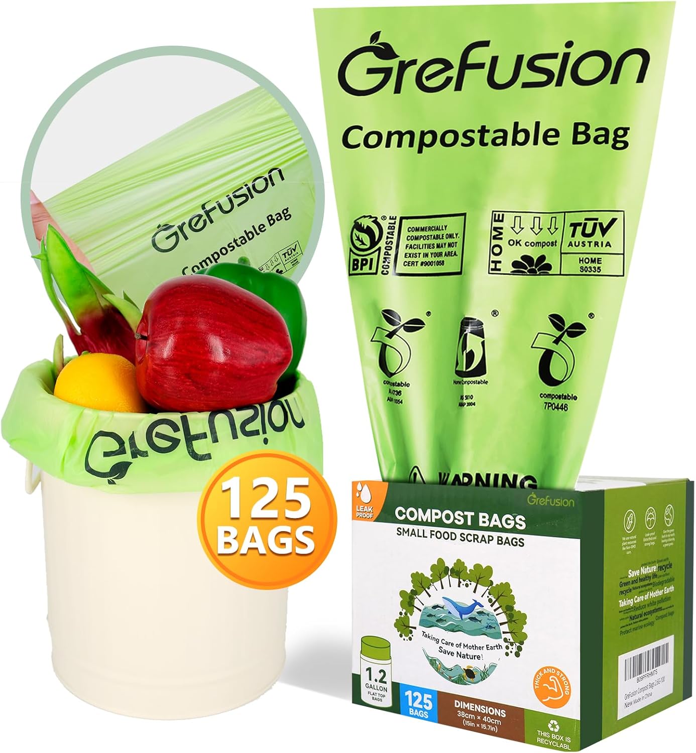 Compostable Bags for Kitchen Compost Bin, 1.2 Gallon, 125 Count, Certified by BPI and ASTM, Leakproof and Odor Control