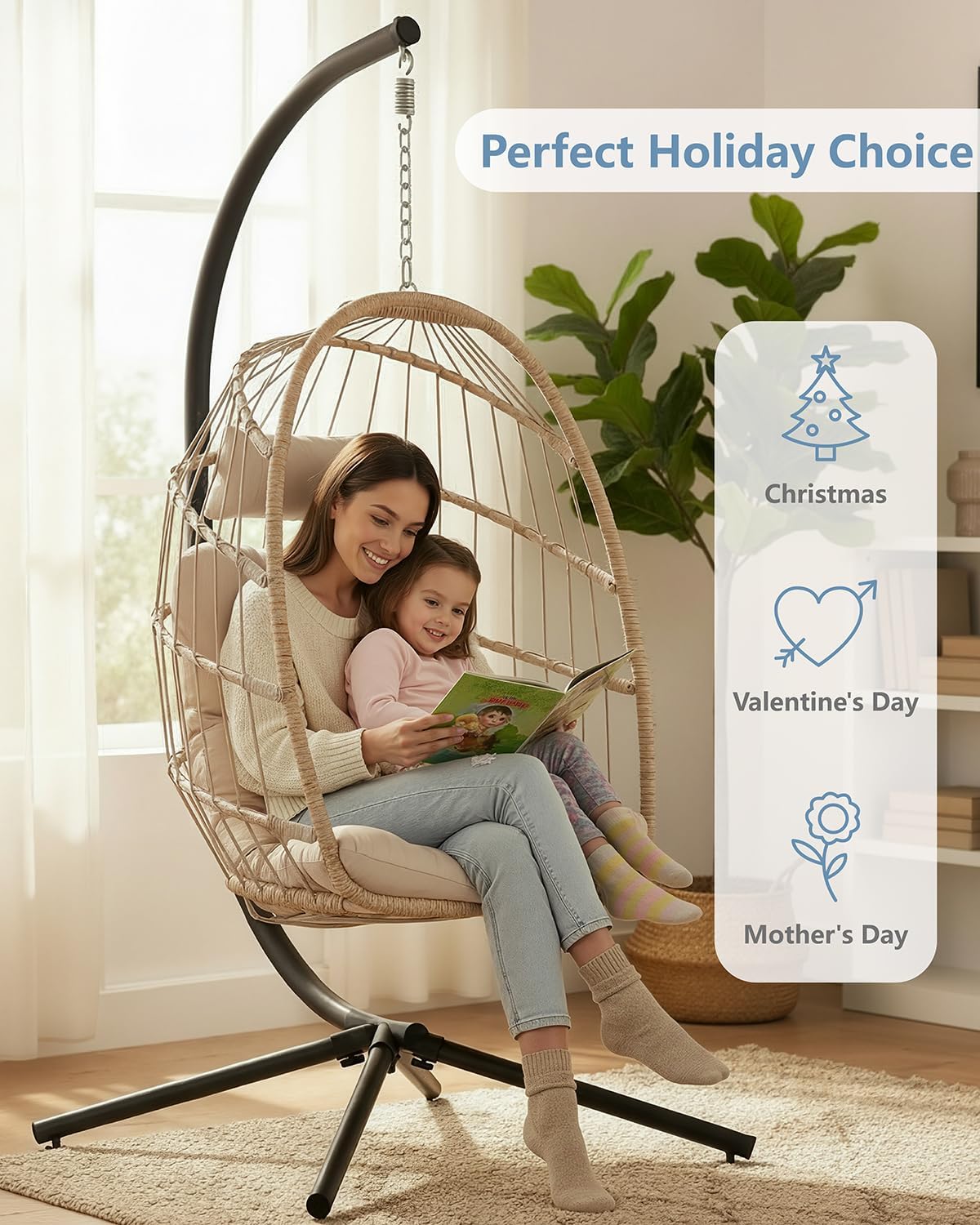 SWITTE Egg Chair Outdoor with Stand, Indoor Wicker Hanging Egg Swing Chair with Cushion, 350lbs Capacity for Patio, Bedroom, Garden - Cream