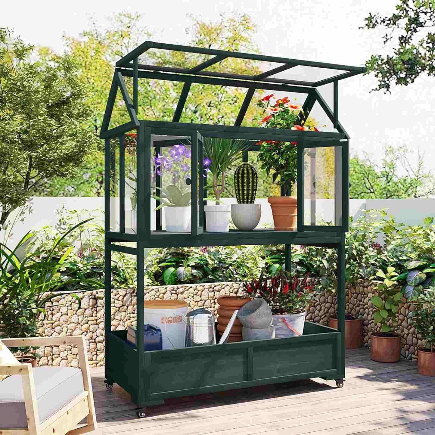Wooden Cold Frame Greenhouse with Wheels, Portable Fir Garden Plant House with Storage Box, Openable Roof for Seedlings, Herbs, Winter Crops, Perfect for Patio, Balcony, Garden