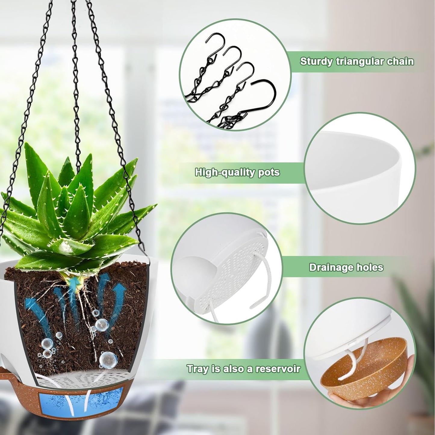 10/9/8 Inch Hanging Planter for Indoor Outdoor Plants, 3 Pack Self-Watering Hanging Pot with Drainage Holes Hanging Planter Baskets Plant Pots with Removable Tray (White+Brown)