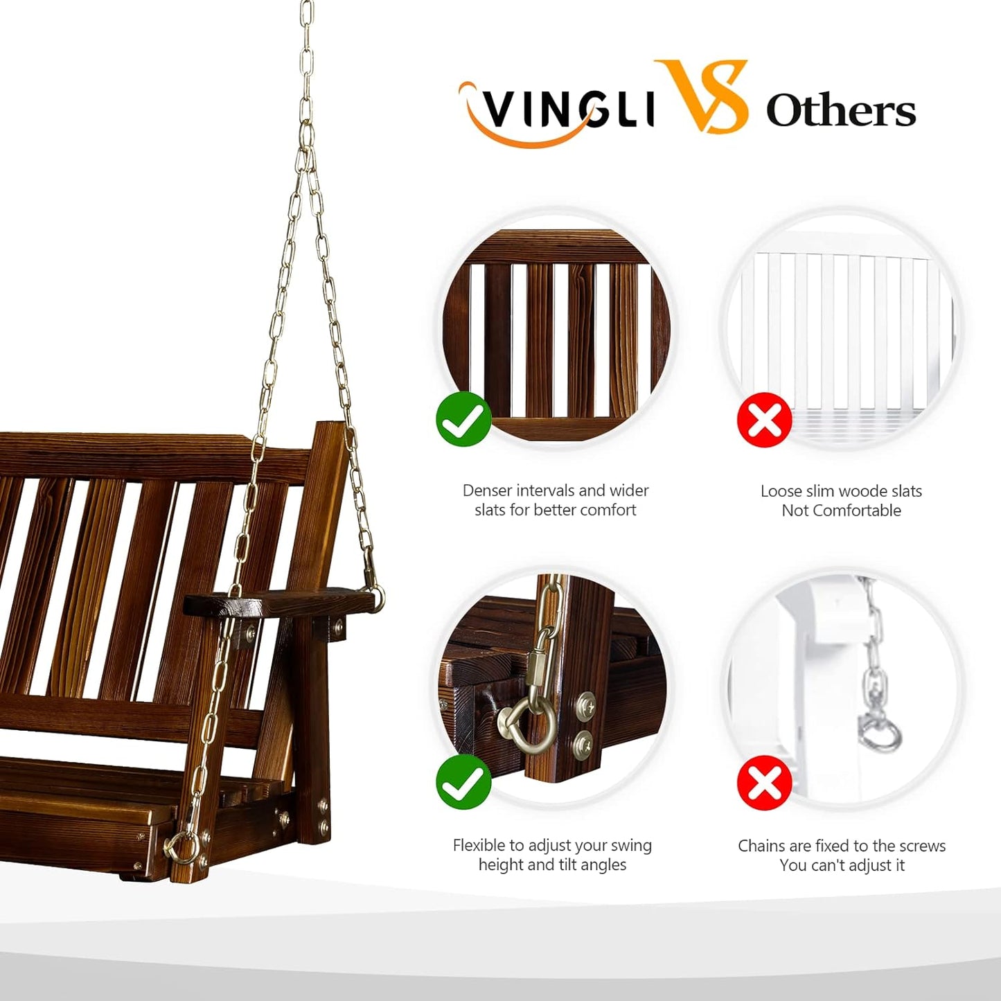 VINGLI Heavy Duty 880 LBS 4 FT Outdoor Porch Swing, Patio Hanging Swing Bench for Yard, Rustic