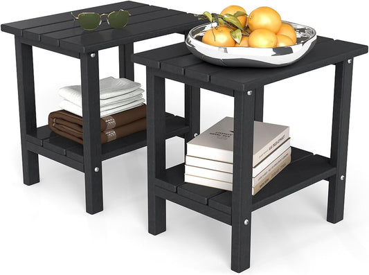 Weather Resistant Outdoor Side Tables Set of 2, Adirondack HDPE Small Outdoor Table, 2-Tier Small Patio Tables for Outside or Indoor, Black