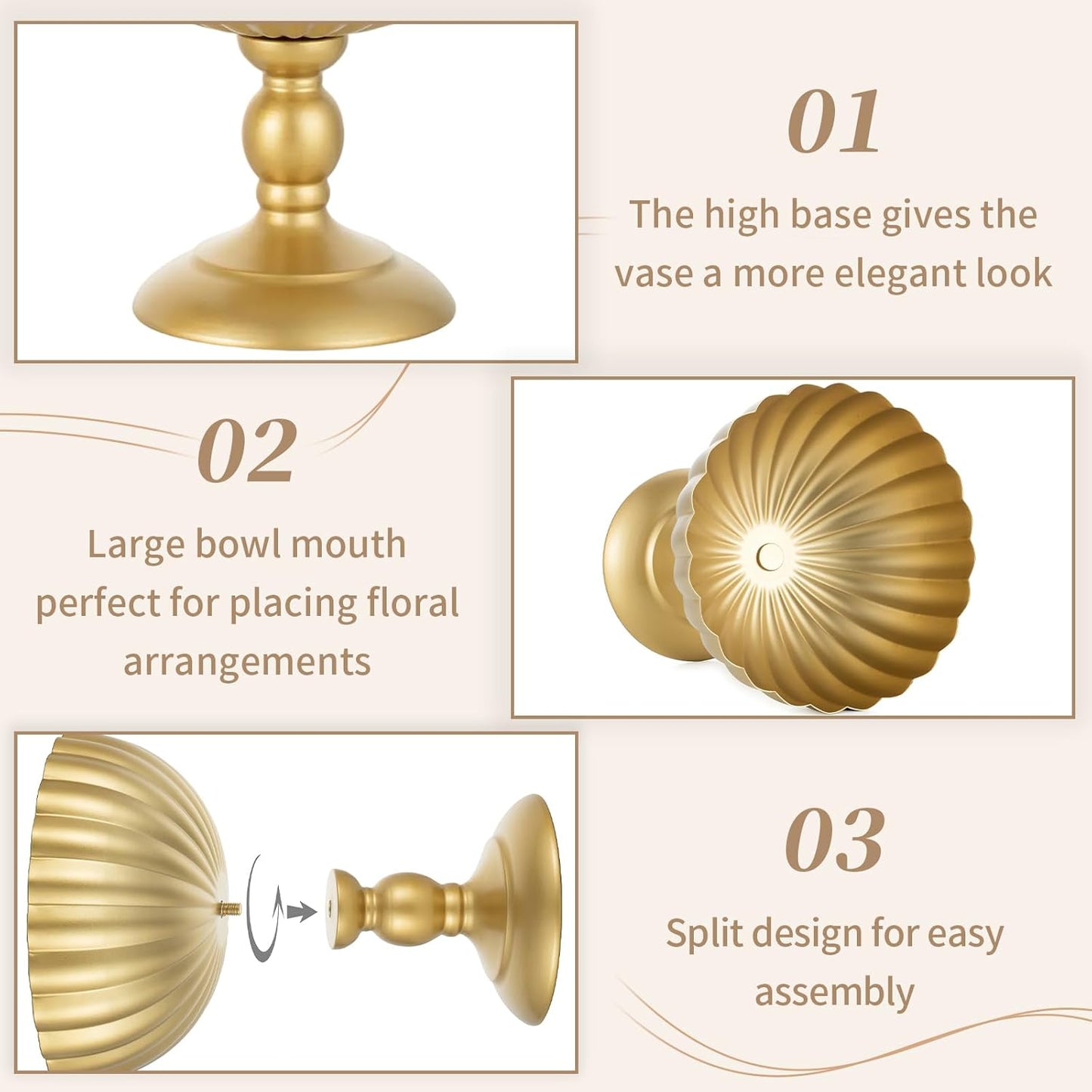 Sziqiqi Gold Urn Vase for Wedding: 7.9in Tall Vases Centrepieces for Table Decorations - Set of 2 Metal Flower Urn Vase for Floral Arrangement - Compote Bowl Vases for Birthday Party Anniversary