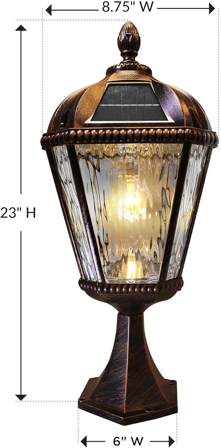 Gama Sonic Outdoor Solar Post Light with Pier Base, Brushed Bronze Finish Aluminum and Rain Glass, Royal Bulb 150 Lumens Warm White LED, Mount on Column or Flat Surface 98B111 Upgraded Panel