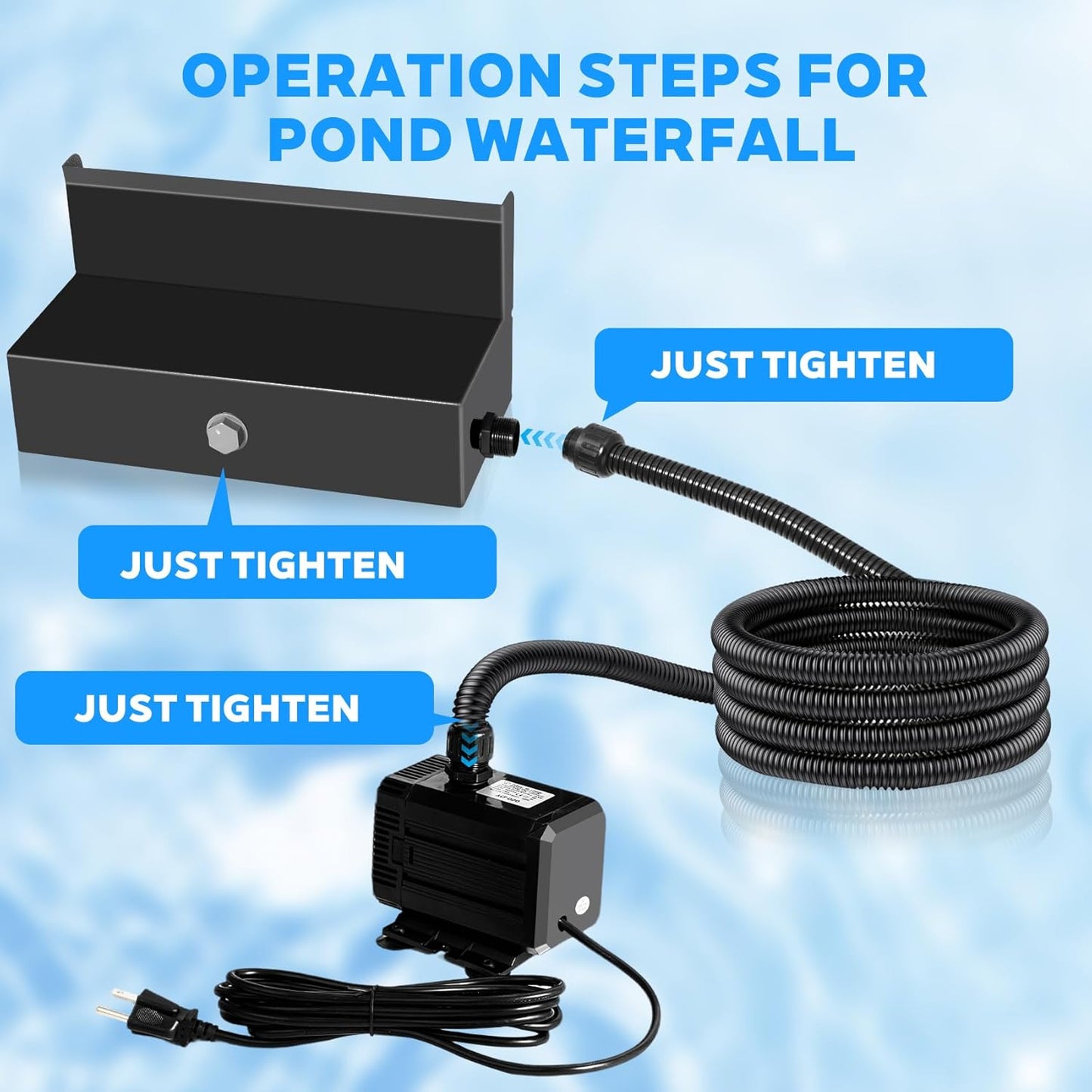 Upgraded Outdoor Pond Waterfall Kit with 50W Pump - 825 GPH Water Flow, 12.2 Inch Adjustable Waterfall Spillway & Extra Long Hose for Garden Ponds, Backyard Water Features
