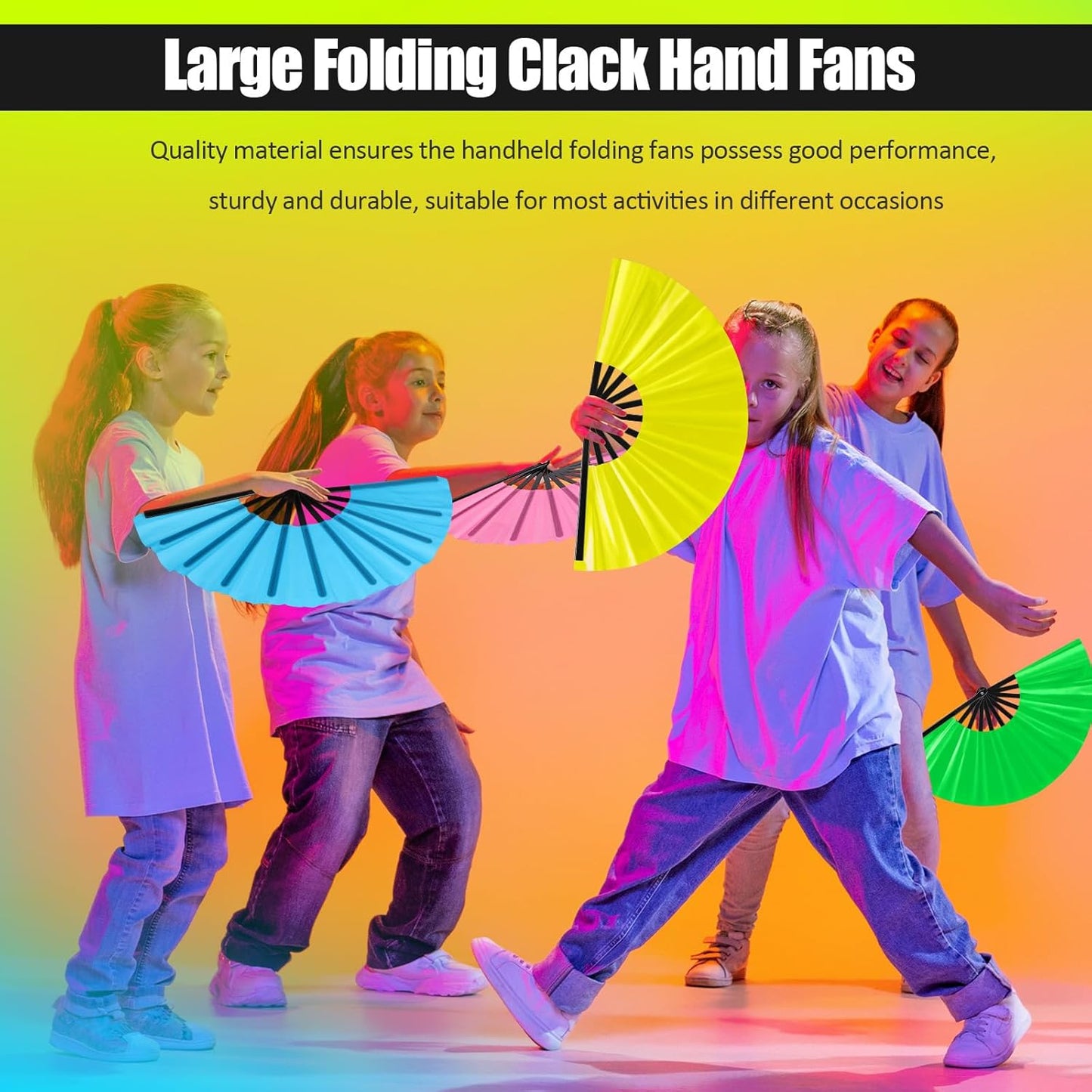 Blulu 4 Pcs 11 Inch Large Folding Hand Fans for Line Dancing Clapping Popping Rave Fans for Kids Women Men for Dancing Boots on The Ground Festival Party Decoration(Classic Style, Fluorescent Color)