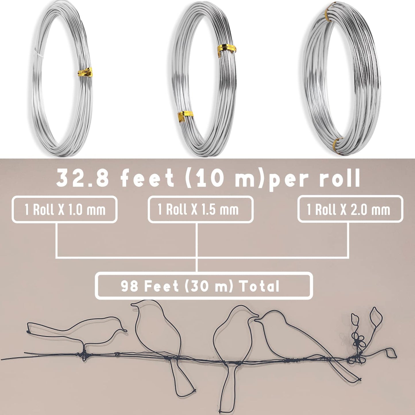 Sanlykate Bonsai Wire Tool Kit with Cutter, 3 Roll Tree Training Wires 98 Feet Total, 1.0mm, 1.5mm, 2.0mm Anodized Aluminum Wire Set, Hold Plant Branches Trunks - Silver