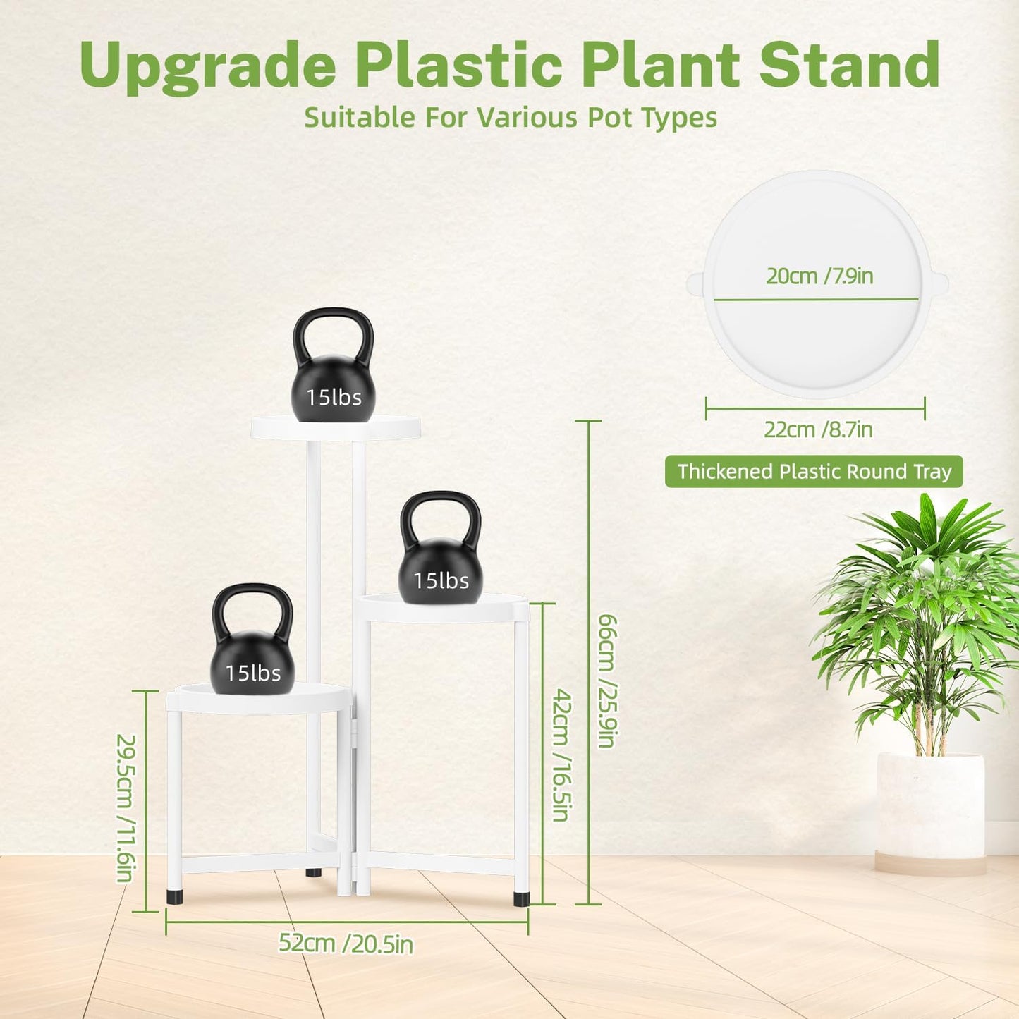 iDavosic.ly 3 Tier Folding Plant Stand Indoor Outdoor with Plastic Tray, Tiered Corner Flower Holder Shelf, Metal Orchid Display Rack for Patio Porch Living Room Garden Balcony, White