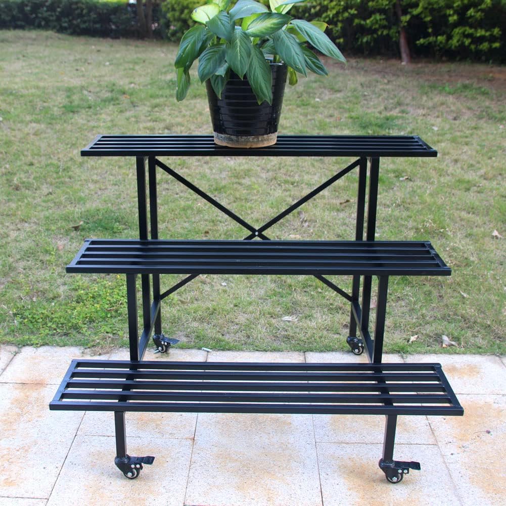 Zhongma 3 Tier Sturdy Metal Plant Stand with Wheels, L35.43 x W26 x H26 inch, Heavy Duty Plant Holder for Home Indoor and Outdoor, 660 LBS Capacity & Heavy Duty Construction