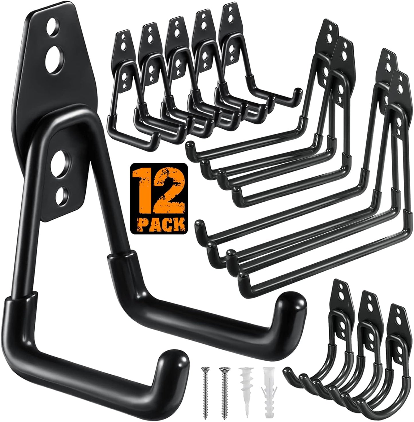 12 Pack Garage Hooks Heavy Duty Utility Steel with Anti-Slip Coating Wall Mount Storage Organizer for Hanging Power and Garden Tools, Ladders, Hose, Bikes, Ropes, Bulk Items, and More