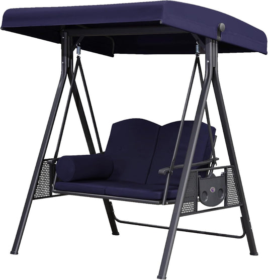 PURPLE LEAF Outdoor Patio Porch Swing with Stand, 2-seat Swing Chair with Adjustable Tilt Canopy All-Weather Steel Frame for Backyard Front Porch Lawn, Cushions and Pillow Included, Navy Blue