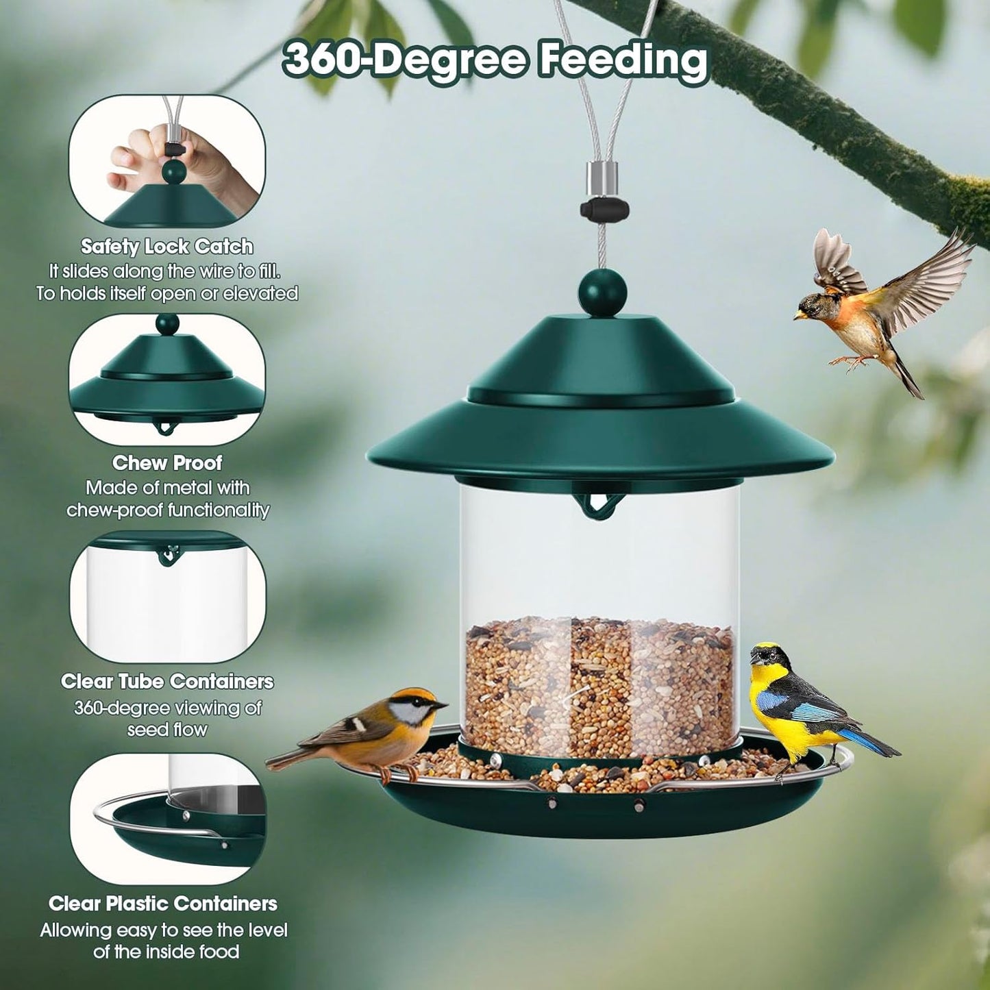 Metal Roof Bird Feeder, Hanging Bird Feeders for Outdoors with 2LB Clear Tube Seed Capacity for Viewing Cardinal Finch, 360° Feeding Wild BirdFeeders for Outside Garden Yard Decoration