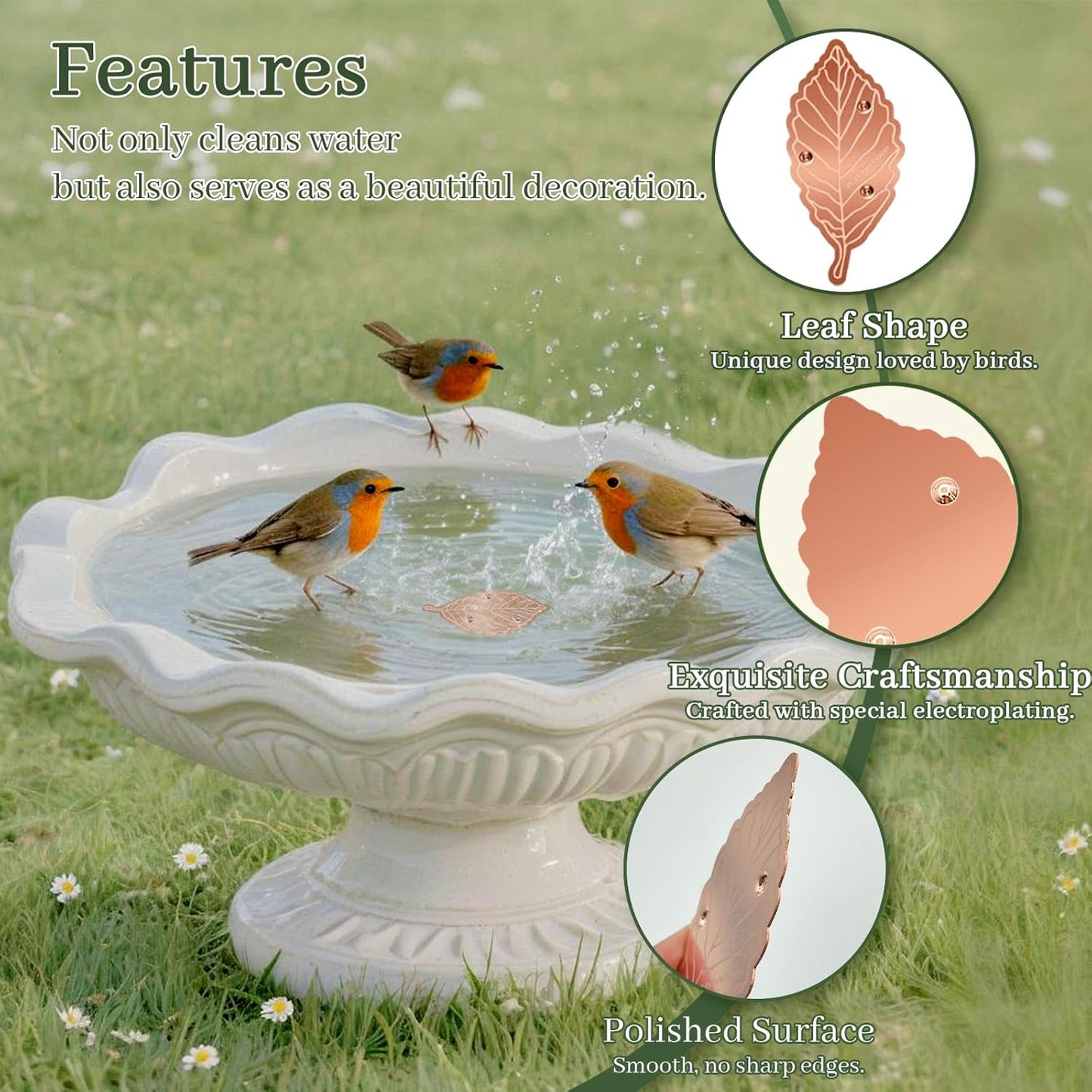 Bird Bath Copper Disk,Bird Bath Purification Disk 0.6mm Reinforced 99.99% Pure Copper Cleaning Disk with Triple-Point Support,Fits Outdoor Birdbath & Bowl,Provide Safe Clean Water,Leaf-1Pc
