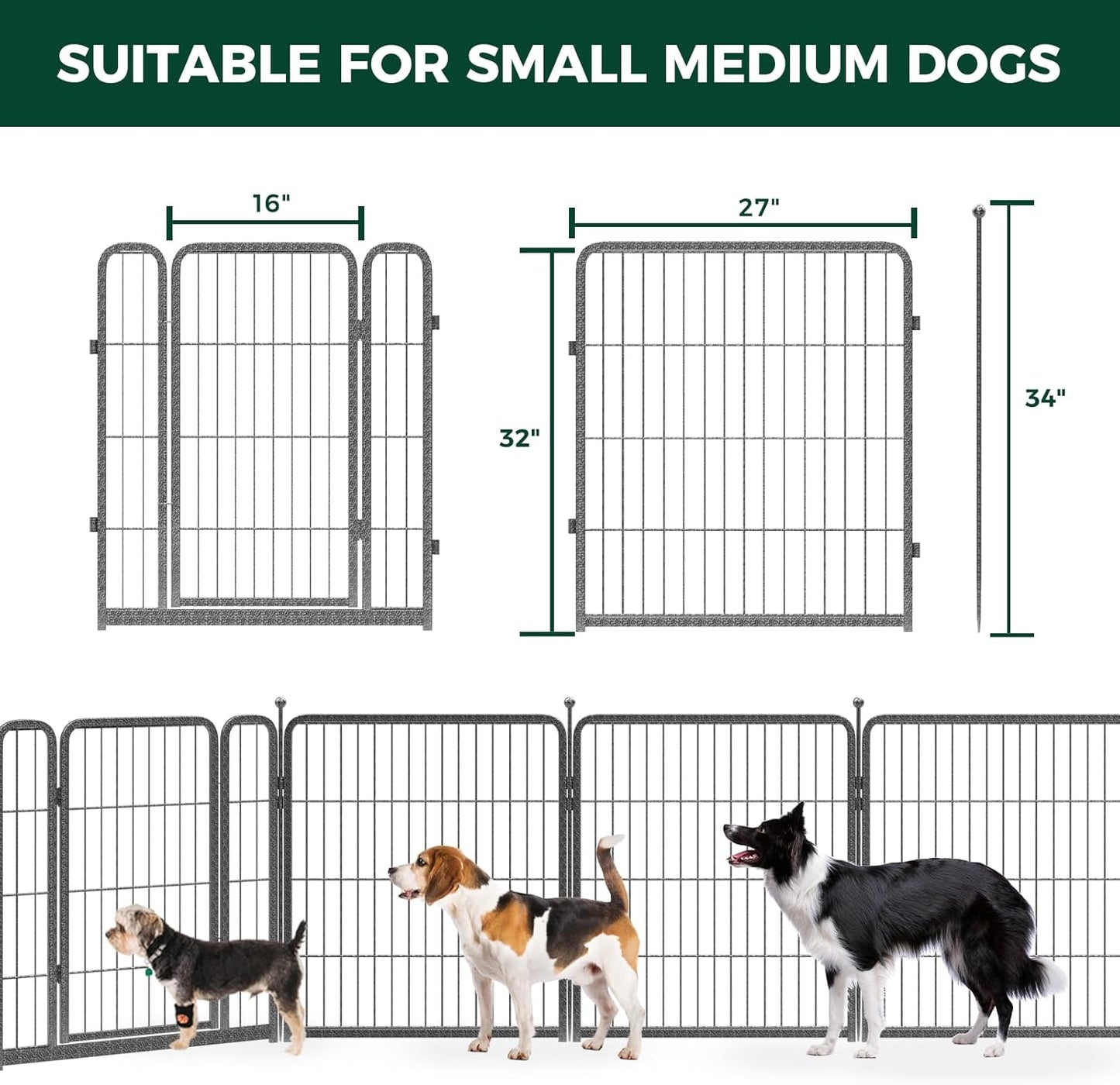 FXW Garden Fence Outdoor for The Yard – 32in(H) x 18.2ft(L) Heavy Duty Metal Animal Barrier for Dog and Rabbit, Decorative Dog Fence, 8 Panels, Silver