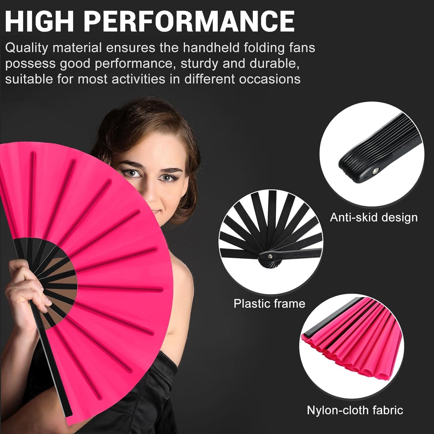 Blulu 4 Pcs 13 Inch Large Folding Hand Fans for Line Dancing Big Clapping Popping Raves Fans Bulk for Dancing Boots on The Ground Festival Party Decoration(Classic Style, Black, Rose Pink)