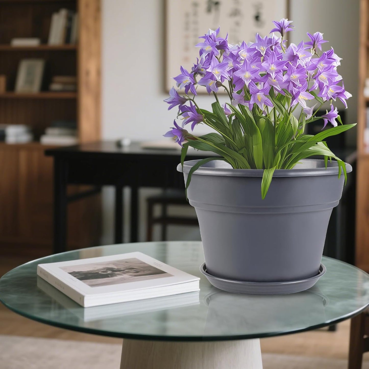 10-inch-Plant-Pots-Indoor-Outdoor, 4 Pack Plastic Planters with Drainage Holes & Saucers, Resin Flower Pots with Trays, Classic Garden Pot Container for House