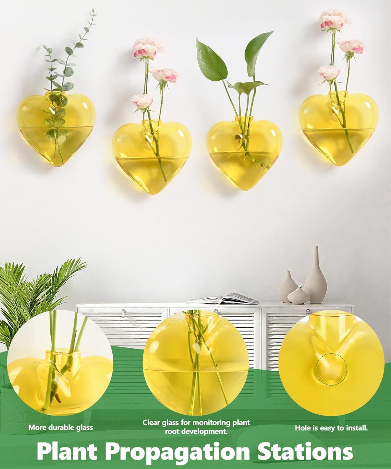 Nacome Wall Hanging Glass Planter Terrarium Plant Propagation Station, 4 Pack Heart Shape Vase for Hydroponic Home Office Garden Decor,Unique Gardening Gifts for Plant Lovers Women Mom(Yellow)