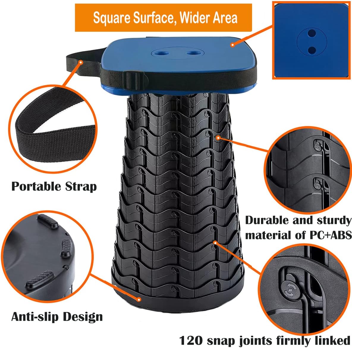 Collapsible Camping Stool with Seat Cushion & Nylon Bag, Square Portable Telescopic Stool, Lightweight Sturdy Foldable Stool for Camp Fishing Picnic, Max Load 550 lb