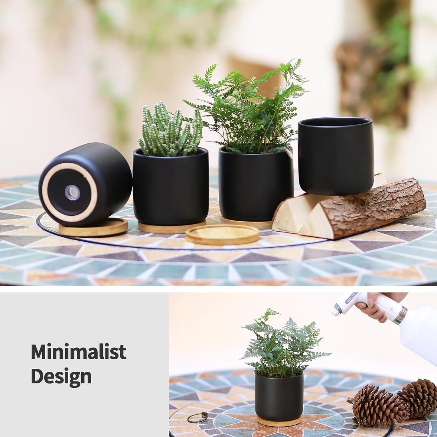 4 Inch Ceramic Plant Pots with Drainage Holes and Trays, Adorable Small Cylinder Flower Planter Pot for Indoor Plants, Succulent, Snake Plants, Cactus & Herbs, Black, Set of 4